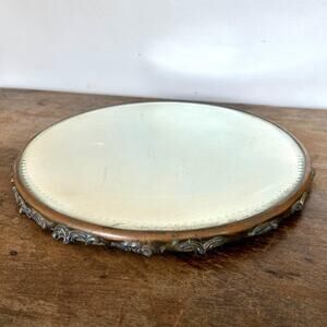Antique Brass Footed Mirrored Vanity Tray | Beveled Glass Plateau | Art Nouveau